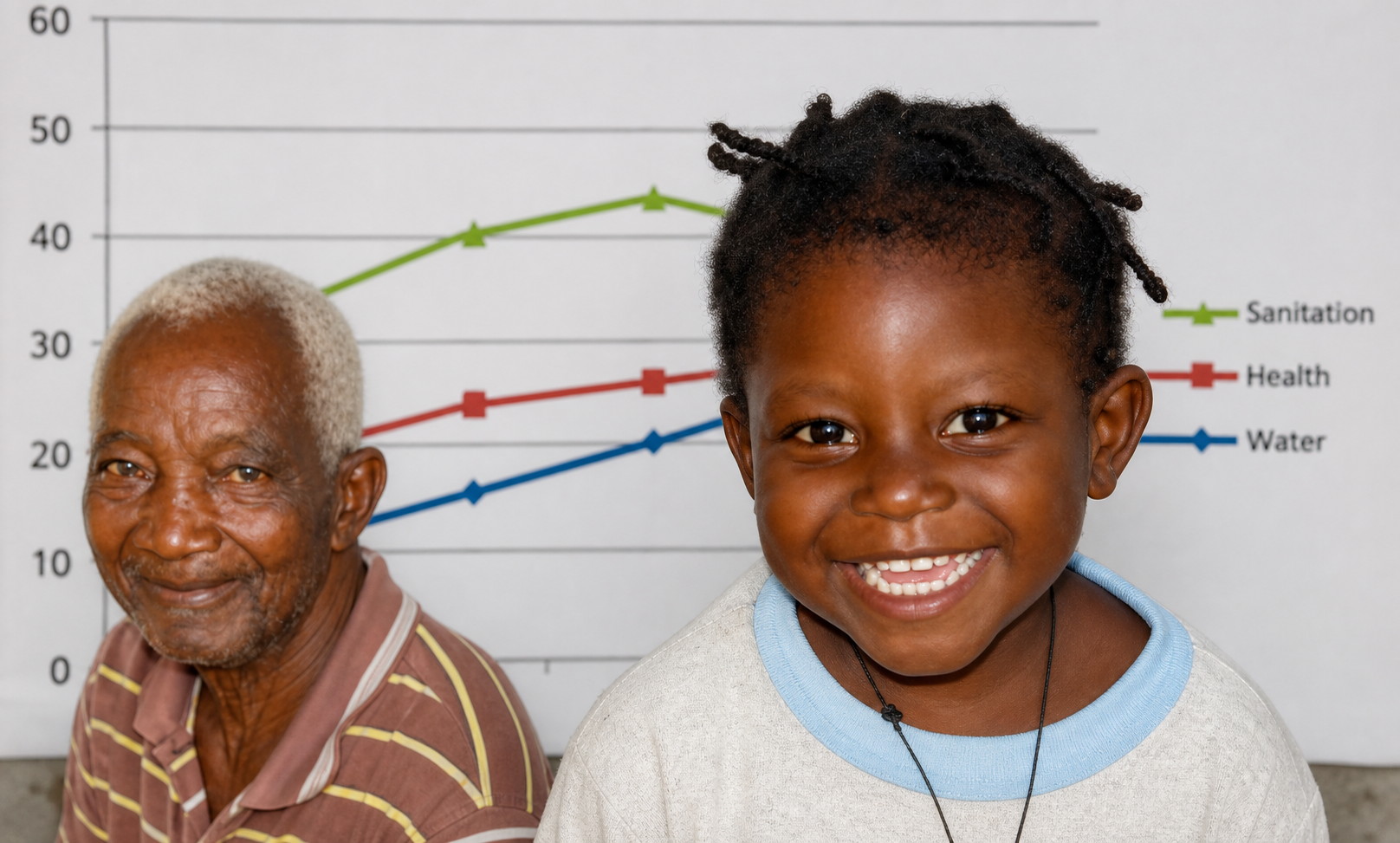 Child and elder in front of a local development indicators chart
